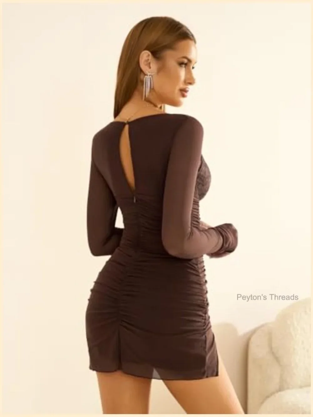Long Sleeve V Neck Bodycon Ruched Mini Dress Club Party Going Out - Picture 3 of 7